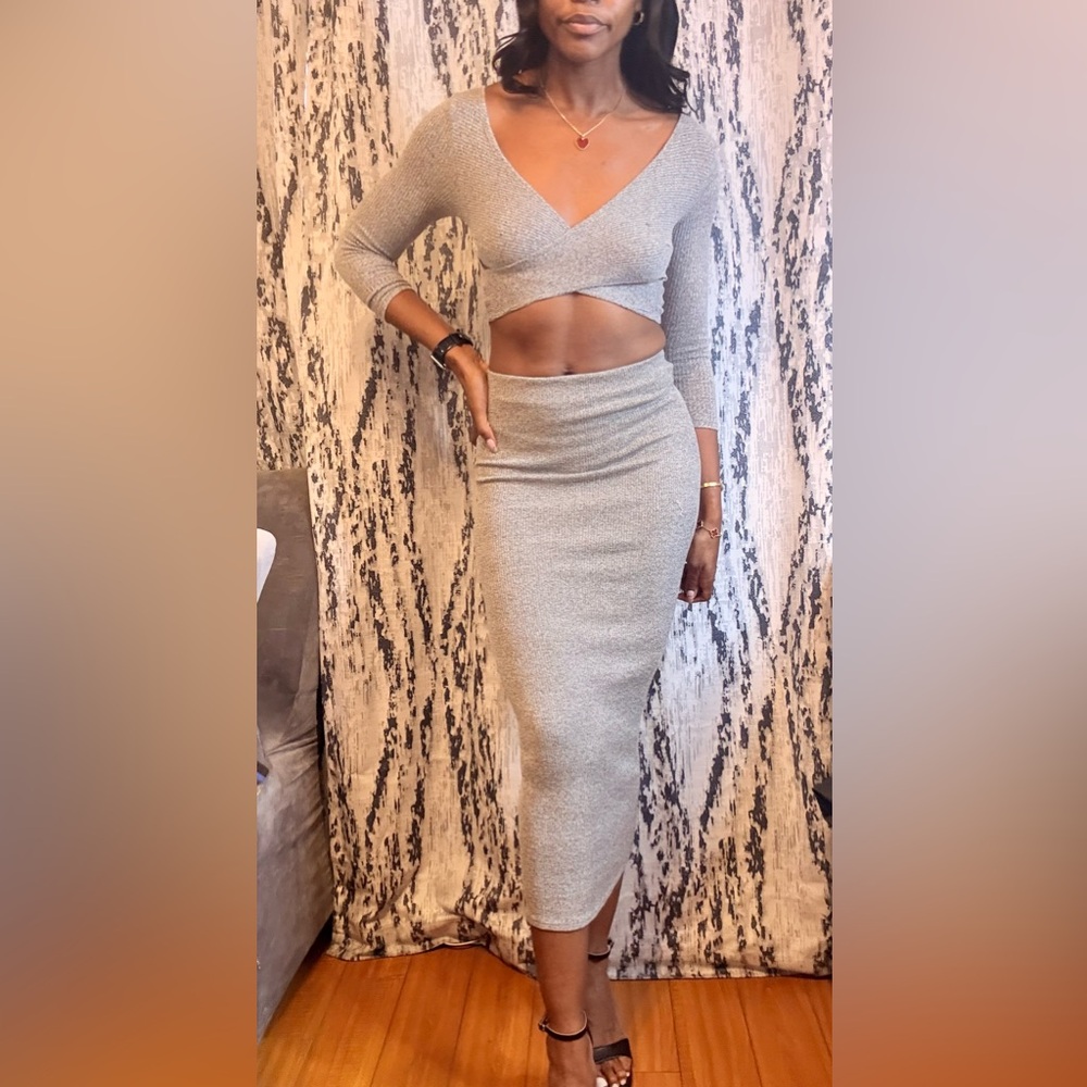 Elegant Gray Knit Skirt and Crop Top